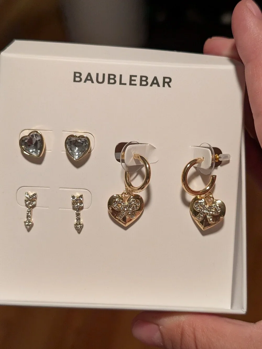 BaubleBar Gold Heart Hoop Earrings with Crystal Bow Accents